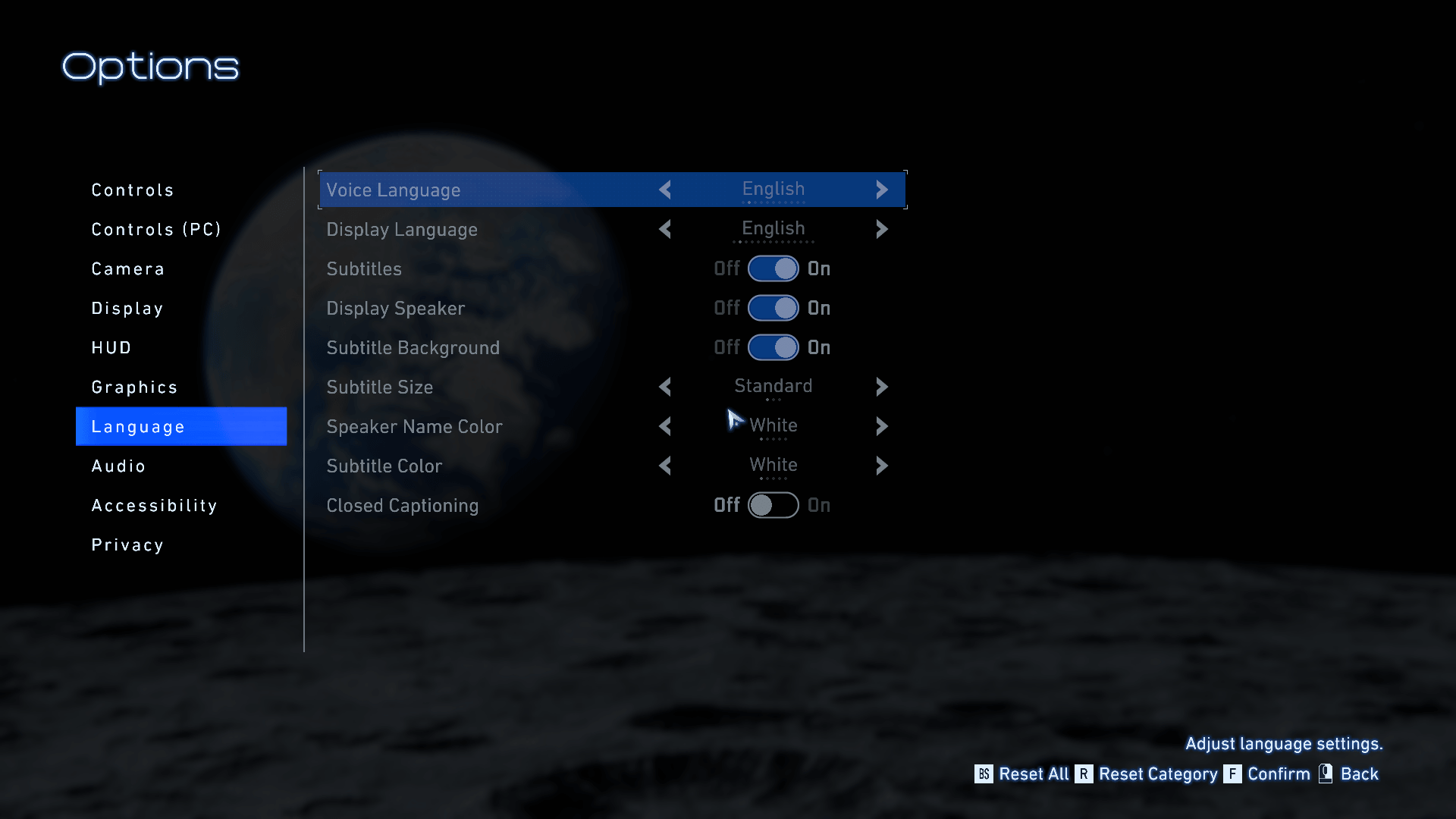 Language screenshot of Pragmata video game interface.