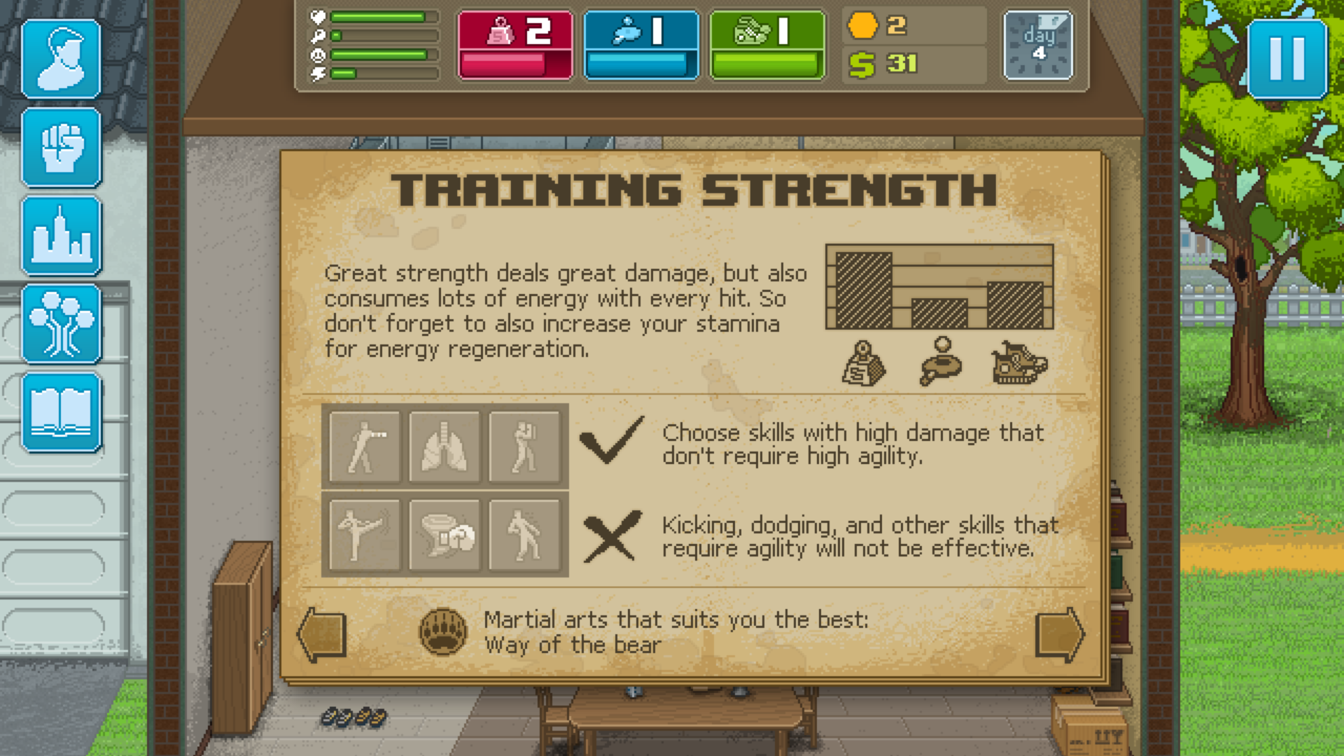 Training strength screenshot of Punch Club video game interface.