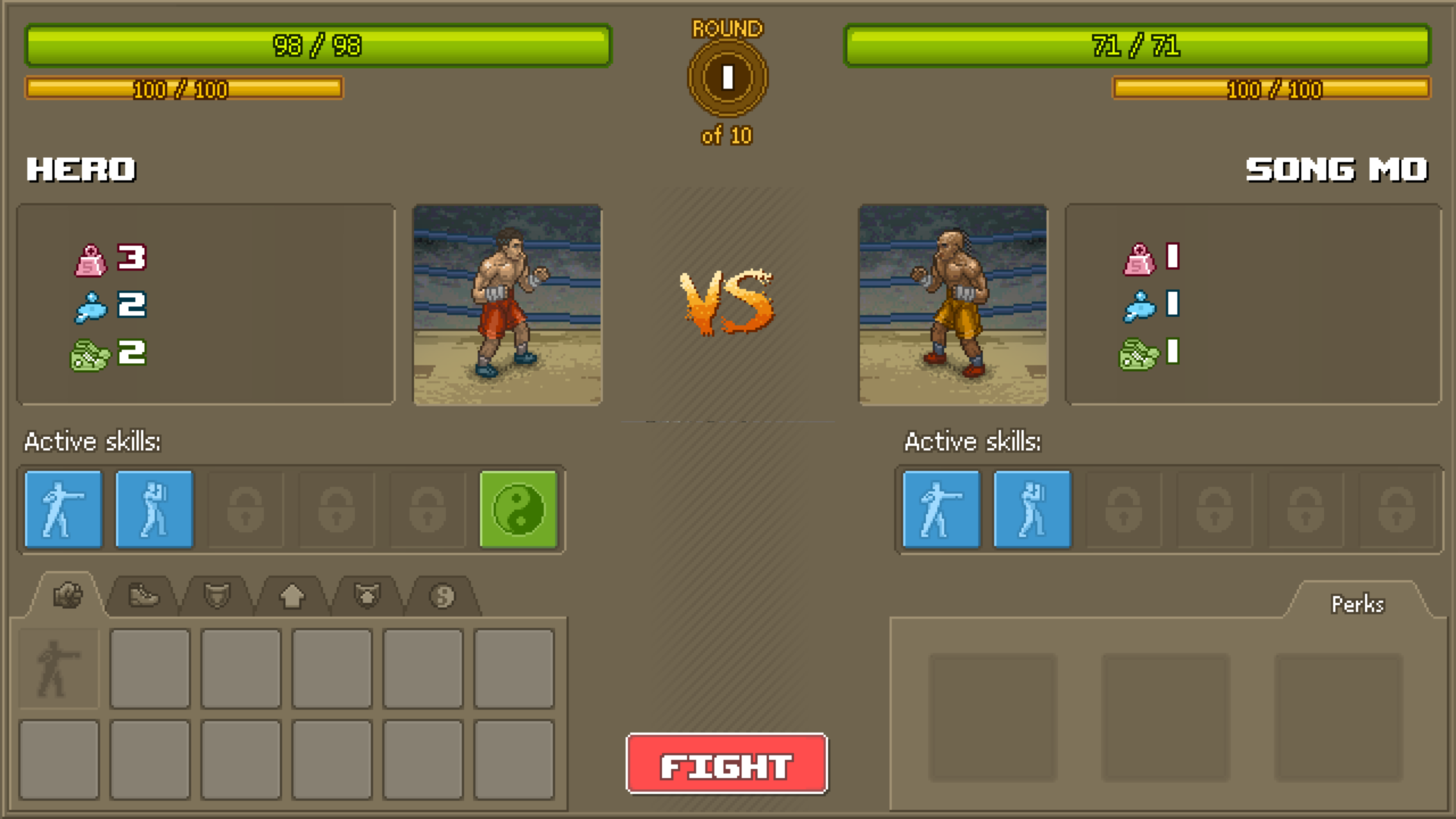 Versus screenshot of Punch Club video game interface.