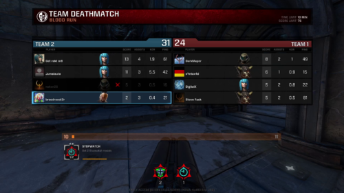 Scoreboard screenshot of Quake Champions video game interface.