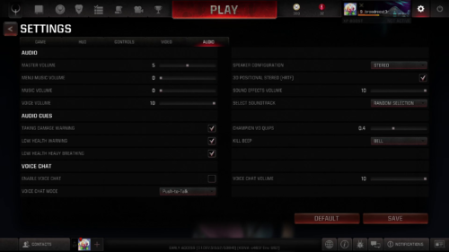 Settings audio screenshot of Quake Champions video game interface.