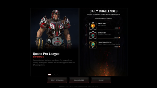 Welcome screen screenshot of Quake Champions video game interface.