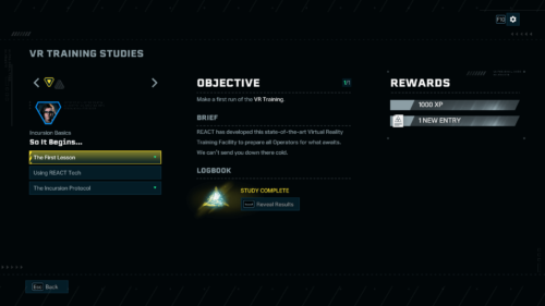 Studies screenshot of Rainbow Six Siege Extraction video game interface.