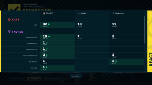 Stats screenshot of Rainbow Six Siege Extraction video game interface.