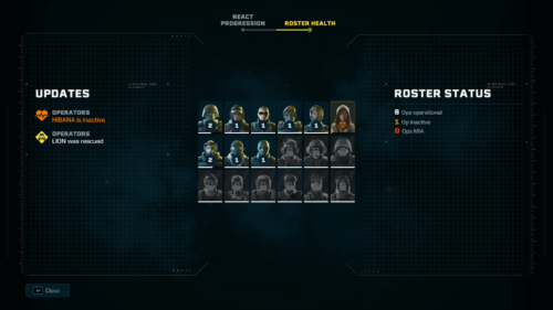 Roster screenshot of Rainbow Six Siege Extraction video game interface.