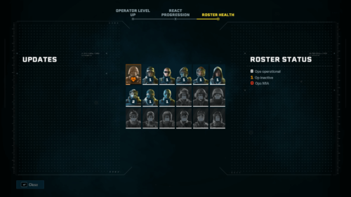 Roster screenshot of Rainbow Six Siege Extraction video game interface.