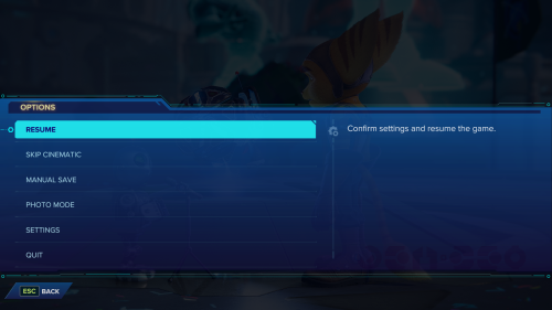 Pause screenshot of Ratchet & Clank: Rift Apart video game interface.