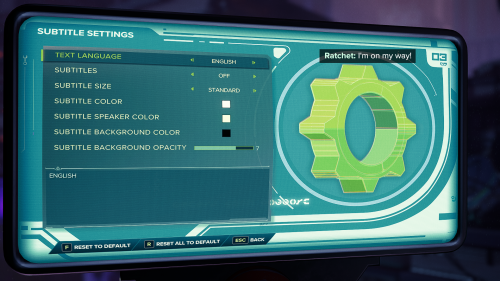 Subtitles screenshot of Ratchet & Clank: Rift Apart video game interface.