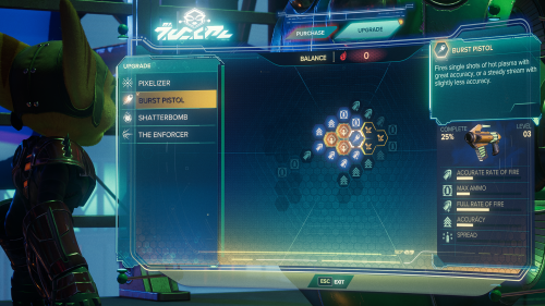 Upgrades screenshot of Ratchet & Clank: Rift Apart video game interface.