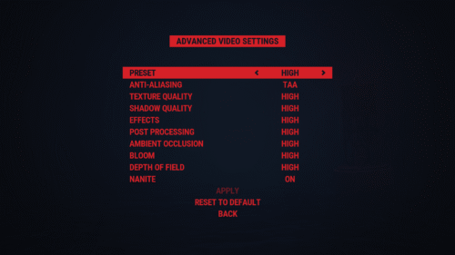 Advanced Video Settings screenshot of Reanimal video game interface.