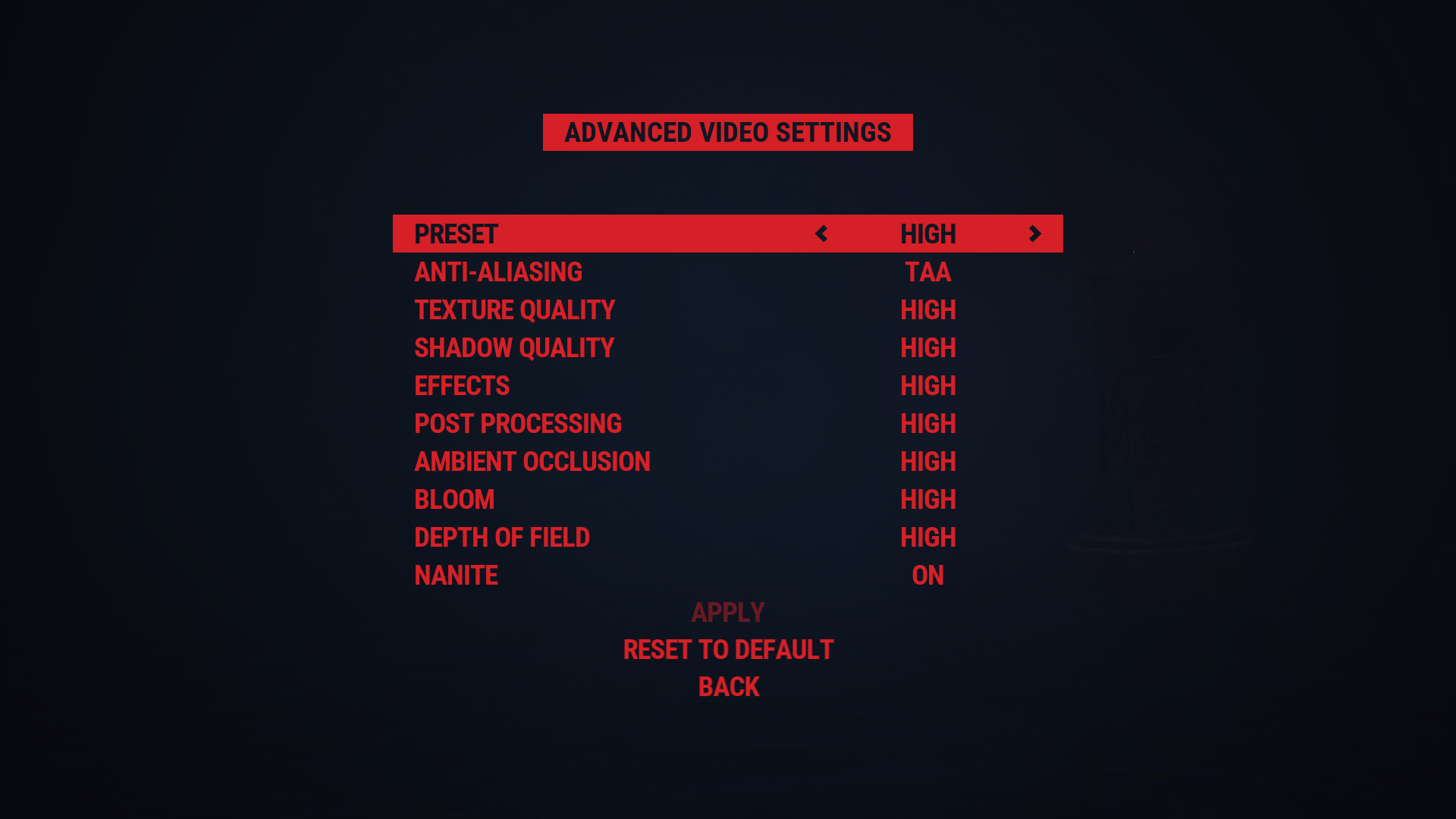 Advanced Video Settings screenshot of Reanimal video game interface.