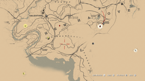 Map screenshot of Red Dead Redemption 2 video game interface.