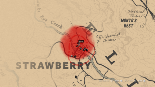 Map screenshot of Red Dead Redemption 2 video game interface.