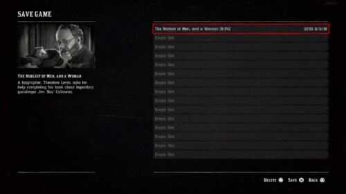 Save Game screenshot of Red Dead Redemption 2 video game interface.