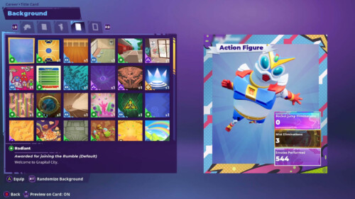 Title Card Customization / Backgrounds screenshot of Rumbleverse video game interface.