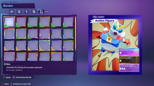 Title Card Customization / Borders screenshot of Rumbleverse video game interface.