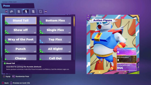 Title Card Customization / Poses screenshot of Rumbleverse video game interface.