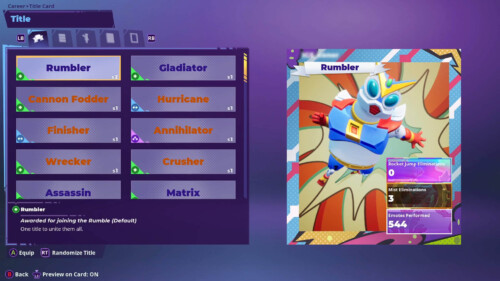 Title Card Customization / Titles screenshot of Rumbleverse video game interface.