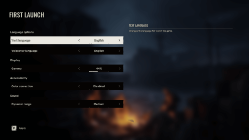 First Launch Settings screenshot of S.T.A.L.K.E.R. 2: Heart of Chornobyl video game interface.
