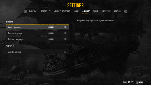 Language screenshot of Skull and Bones video game interface.