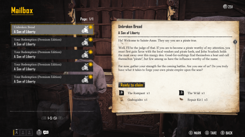 Mailbox screenshot of Skull and Bones video game interface.