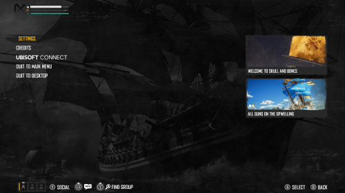 Pause screenshot of Skull and Bones video game interface.