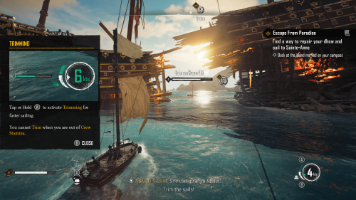 Tutorial screenshot of Skull and Bones video game interface.