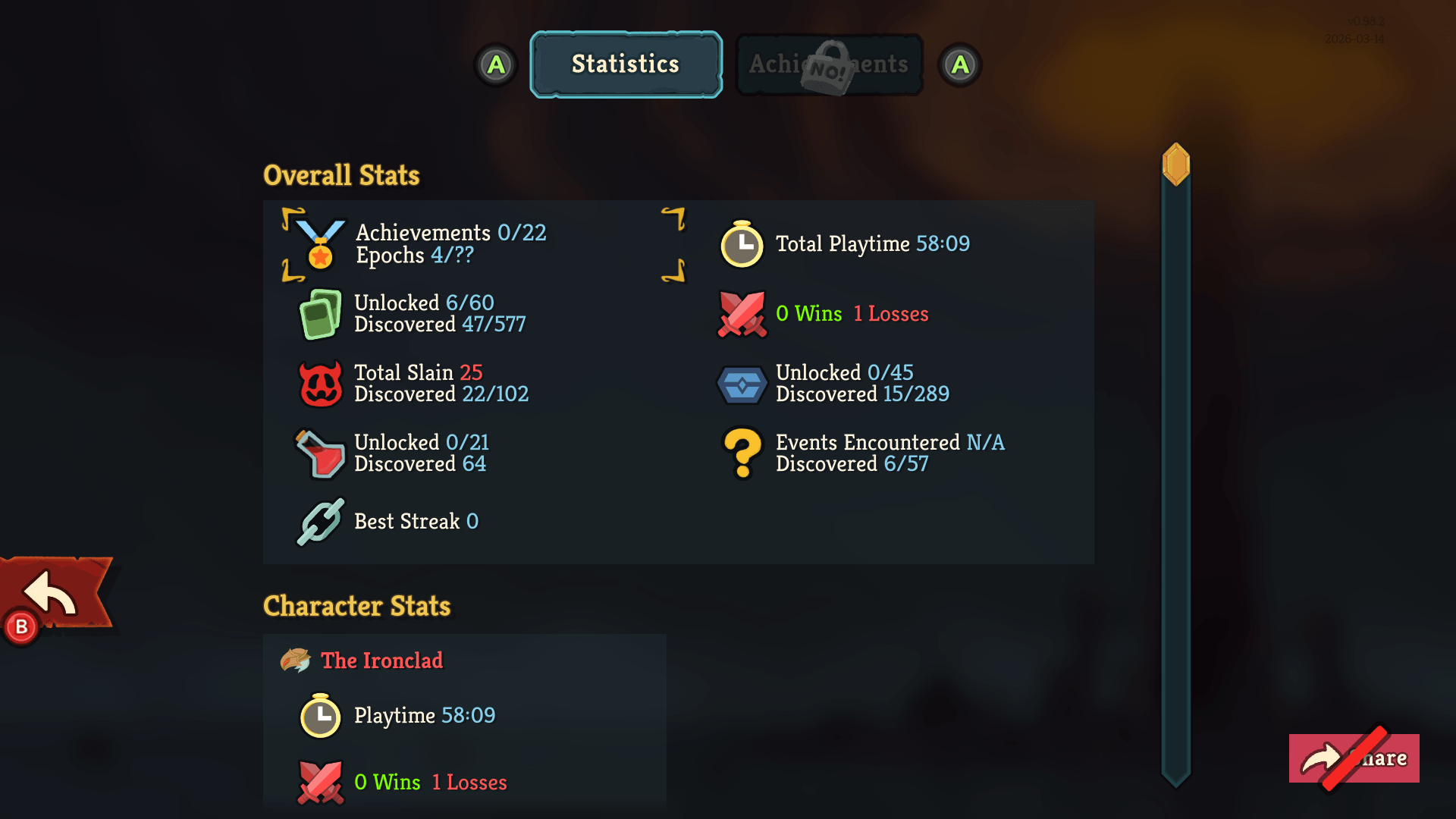 Stats screenshot of Slay The Spire 2 video game interface.