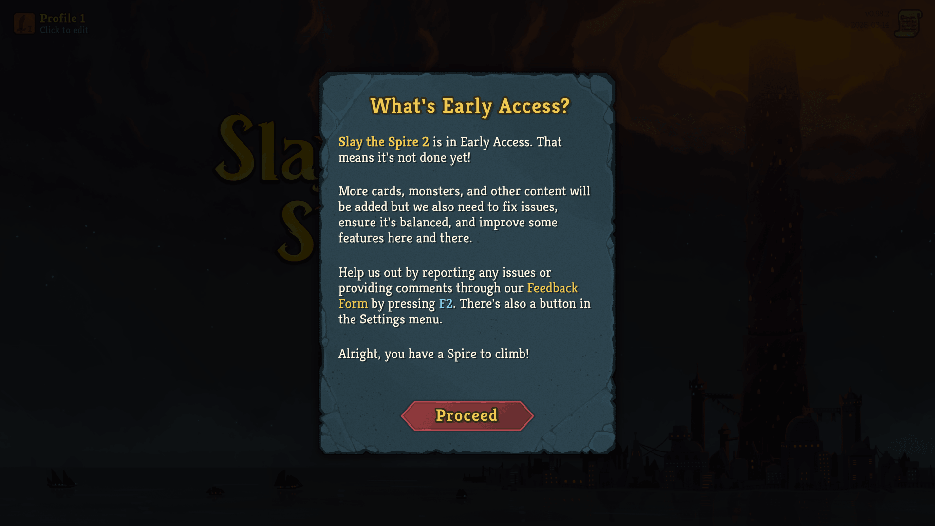 Confirmation screenshot of Slay The Spire 2 video game interface.