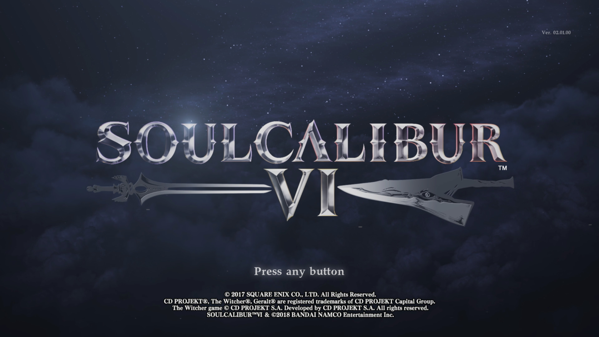 Press any button screenshot of SoulCalibur VI video game interface.