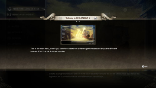 Welcome screenshot of SoulCalibur VI video game interface.