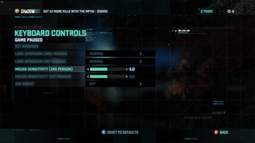 Settings screenshot of Splinter Cell: Blacklist video game interface.