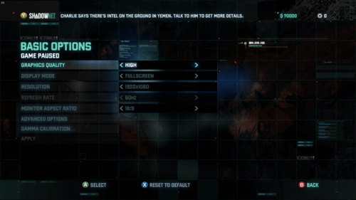 Settings screenshot of Splinter Cell: Blacklist video game interface.