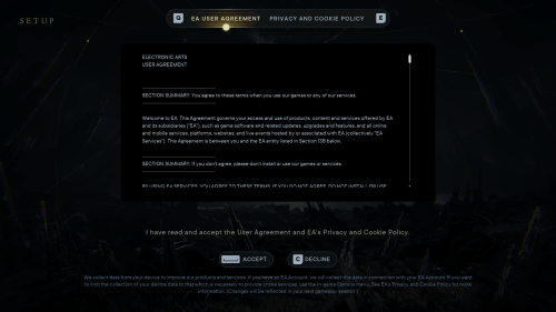 EULA screenshot of Star Wars Jedi: Survivor video game interface.