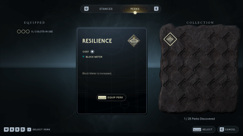 Perks screenshot of Star Wars Jedi: Survivor video game interface.