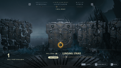 Skill Tree screenshot of Star Wars Jedi: Survivor video game interface.