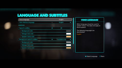 Language and Subtitles screenshot of Star Wars Outlaws video game interface.