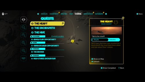 Quest screenshot of Star Wars Outlaws video game interface.