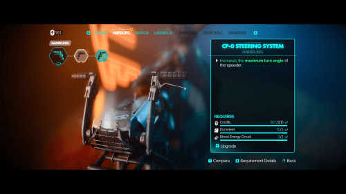 Upgrades screenshot of Star Wars Outlaws video game interface.