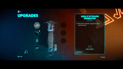 Upgrades screenshot of Star Wars Outlaws video game interface.