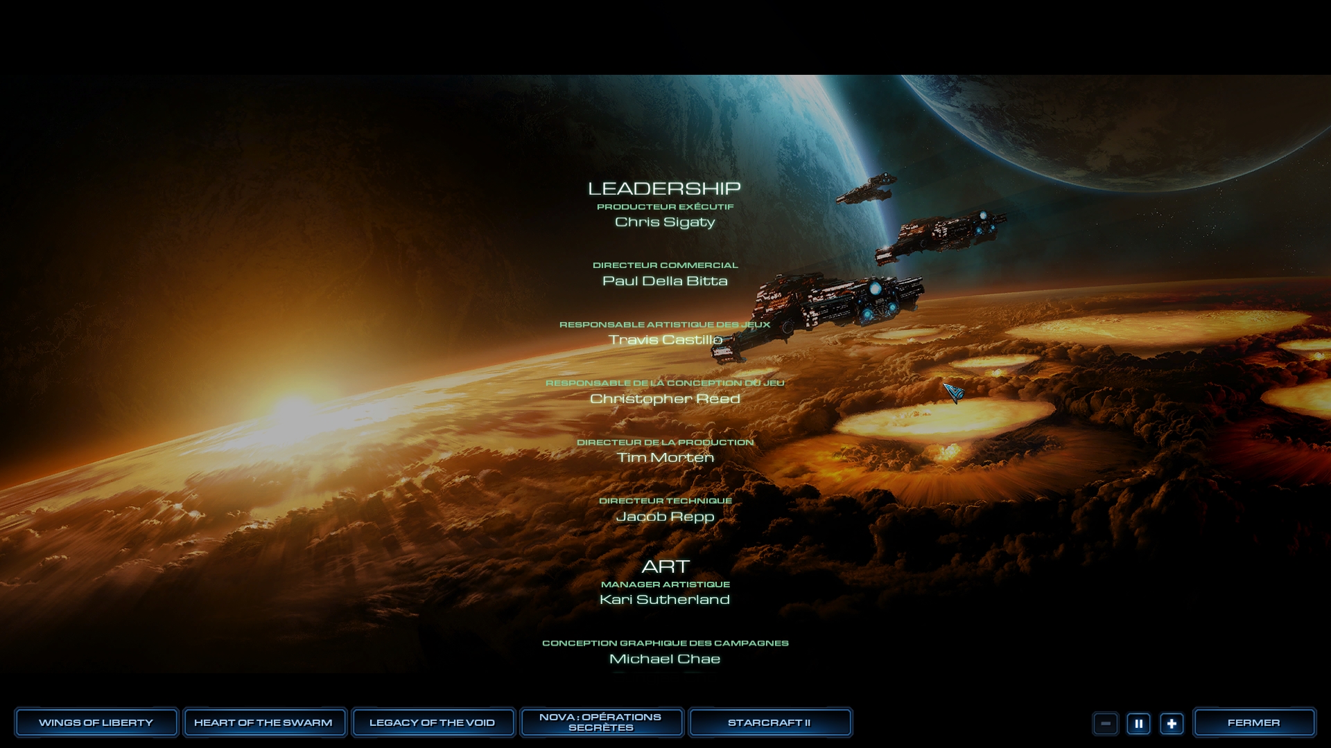 Credits screenshot of Starcraft II: Legacy of the Void video game interface.