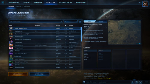 Lobbies screenshot of Starcraft II: Legacy of the Void video game interface.