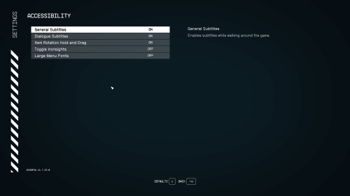 Accessibility screenshot of Starfield video game interface.