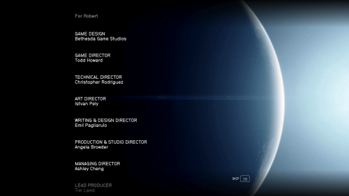 Credits screenshot of Starfield video game interface.