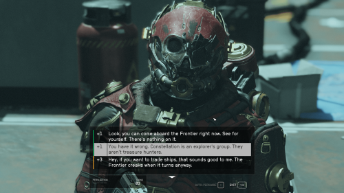 Dialogue screenshot of Starfield video game interface.