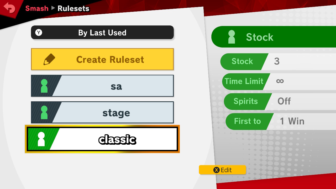 Rulesets screenshot of Super Smash Bros. Ultimate video game interface.