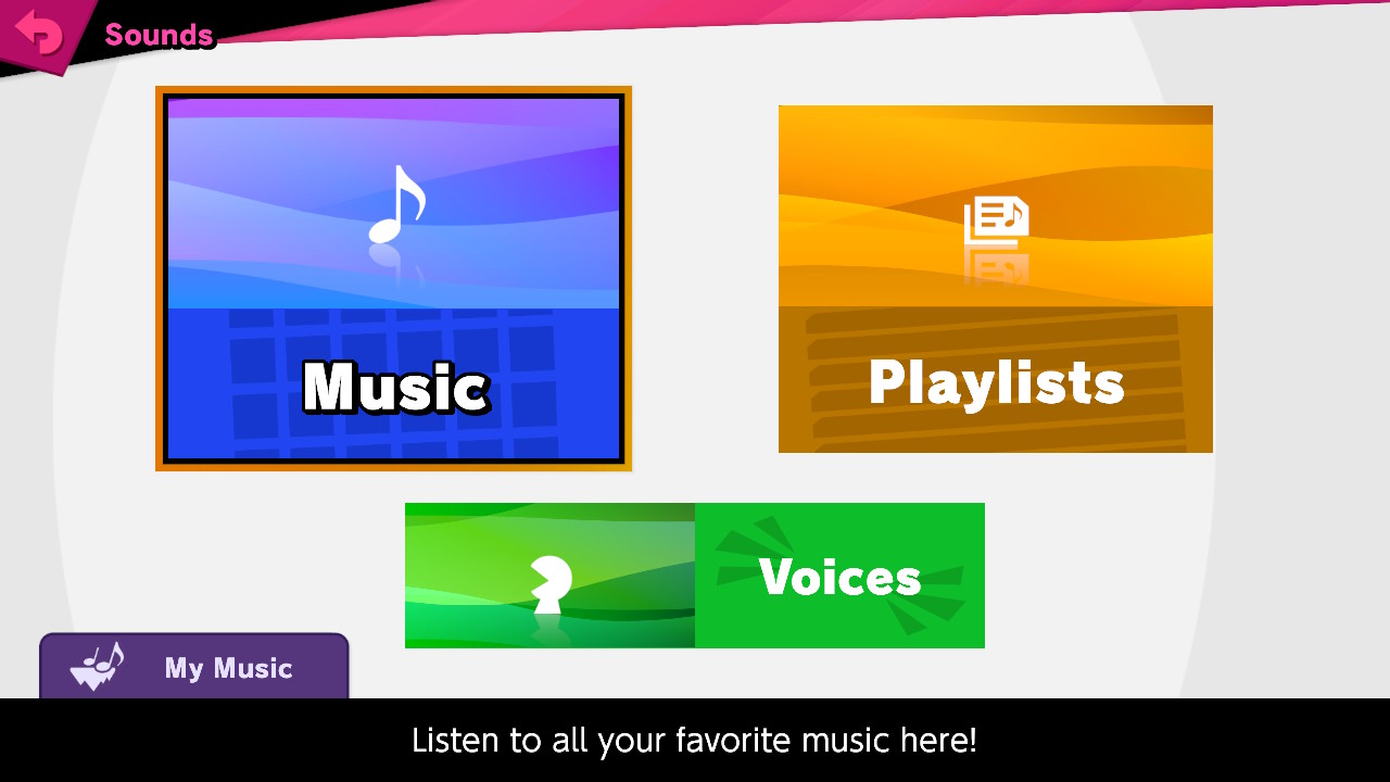 Sounds screenshot of Super Smash Bros. Ultimate video game interface.