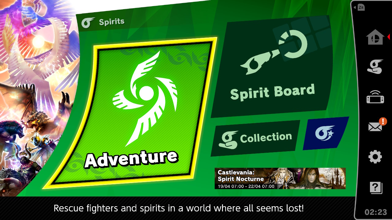Spirits screenshot of Super Smash Bros. Ultimate video game interface.