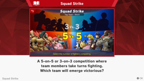 Squad strike screenshot of Super Smash Bros. Ultimate video game interface.