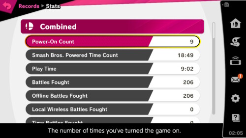 Stats screenshot of Super Smash Bros. Ultimate video game interface.
